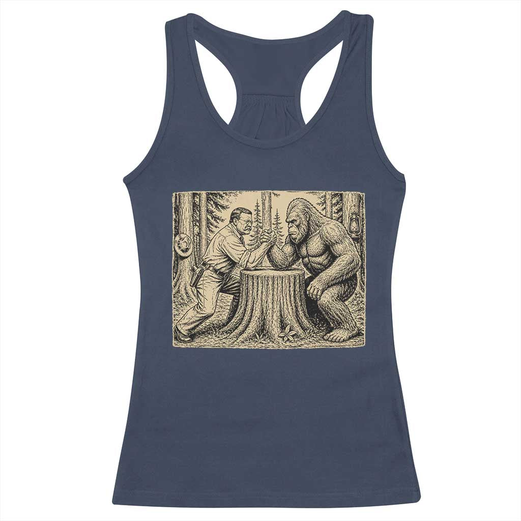 Theodore Roosevelt and Bigfoot Arm Wrestling Retro Racerback Tank Top