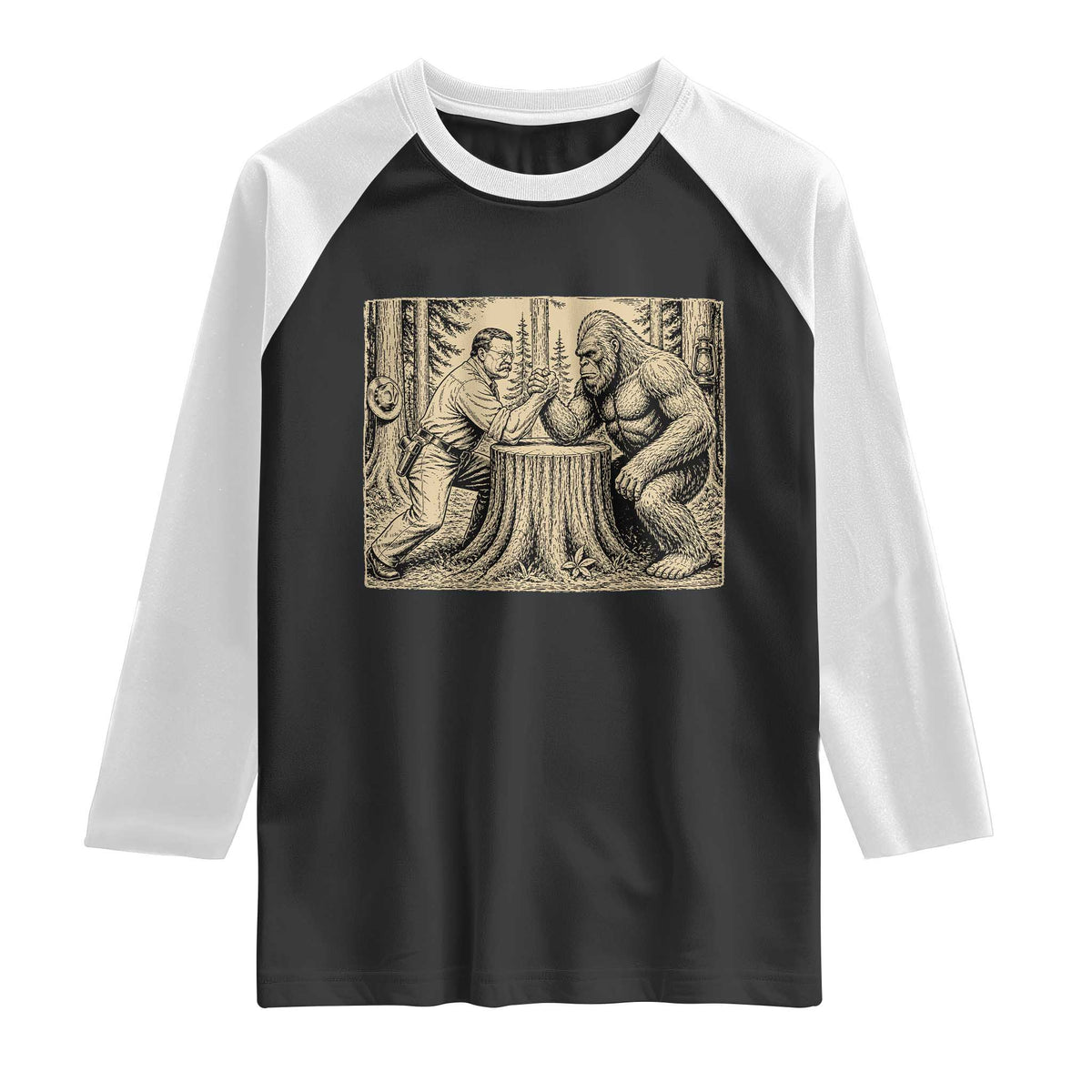 Theodore Roosevelt and Bigfoot Arm Wrestling Retro Raglan Shirt
