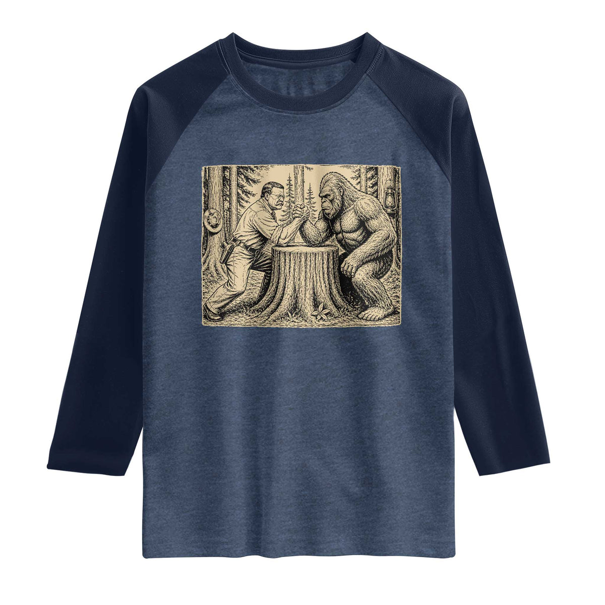 Theodore Roosevelt and Bigfoot Arm Wrestling Retro Raglan Shirt