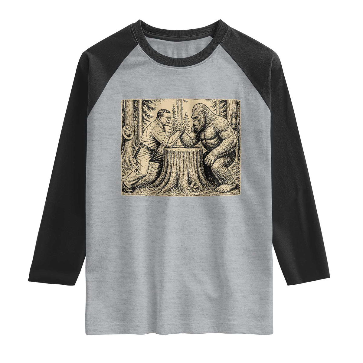 Theodore Roosevelt and Bigfoot Arm Wrestling Retro Raglan Shirt