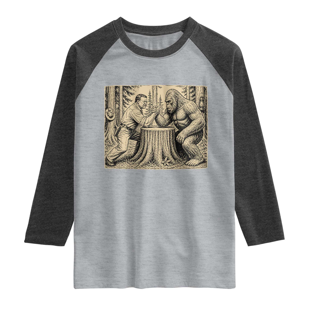 Theodore Roosevelt and Bigfoot Arm Wrestling Retro Raglan Shirt