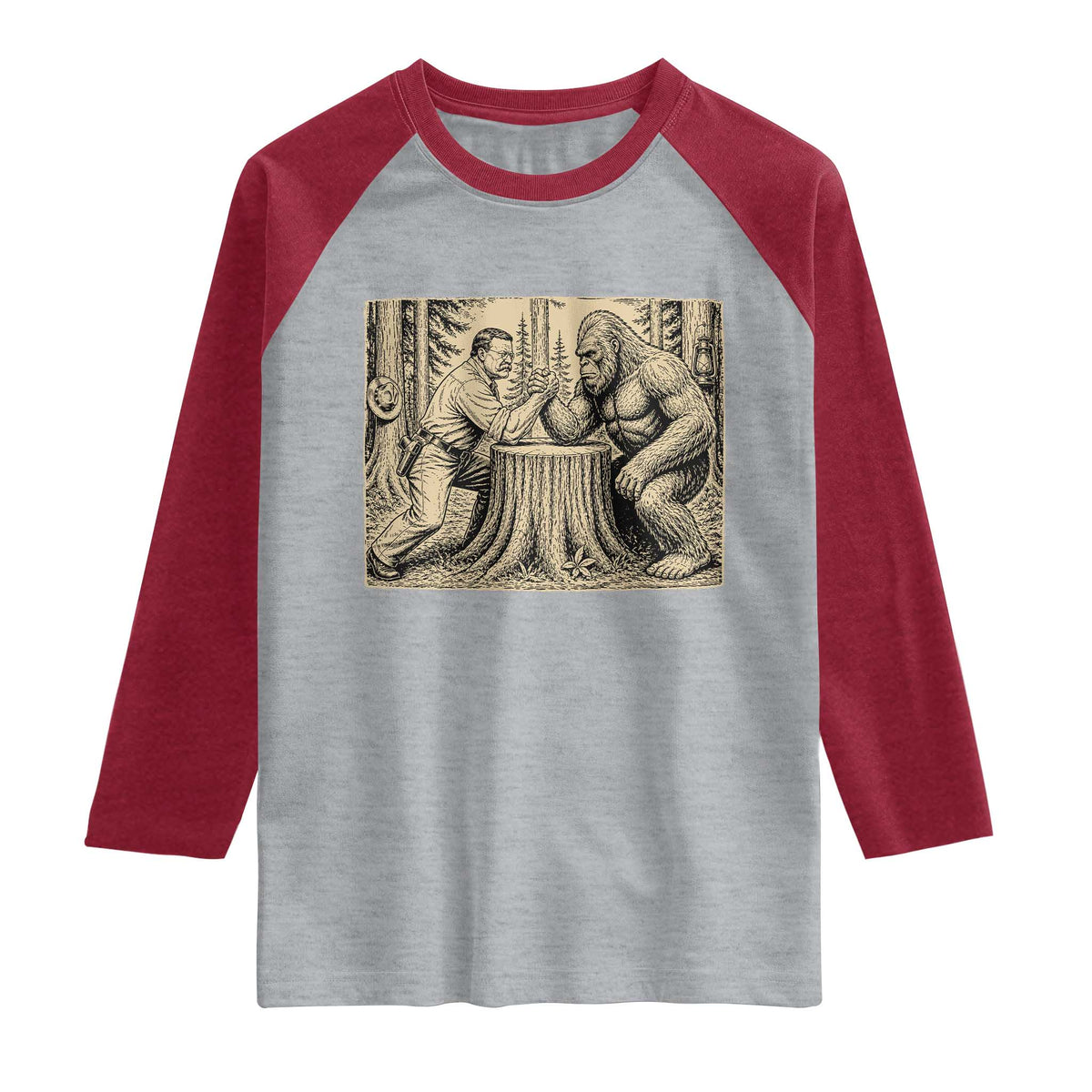 Theodore Roosevelt and Bigfoot Arm Wrestling Retro Raglan Shirt