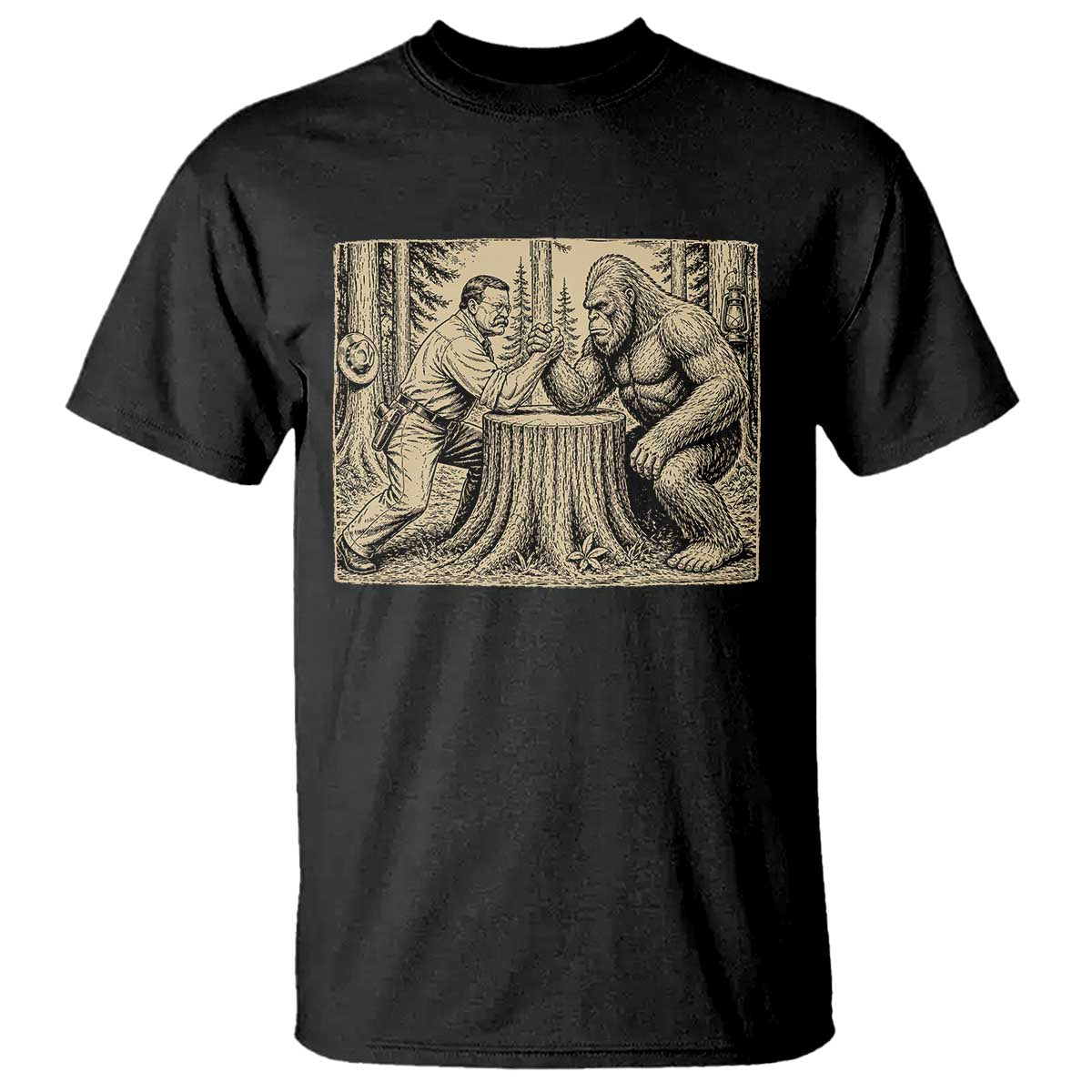 Theodore Roosevelt and Bigfoot Arm Wrestling Retro T Shirt