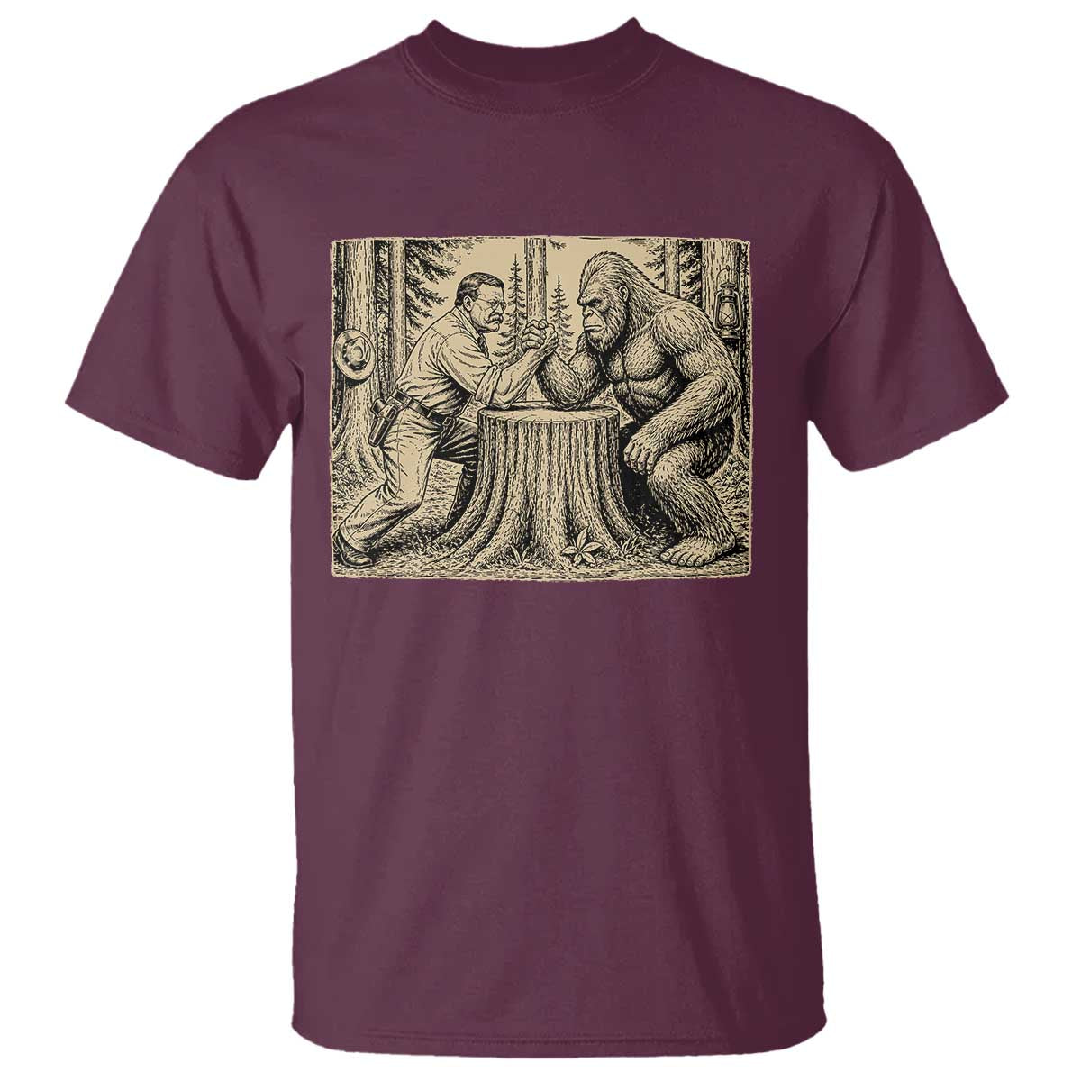 Theodore Roosevelt and Bigfoot Arm Wrestling Retro T Shirt