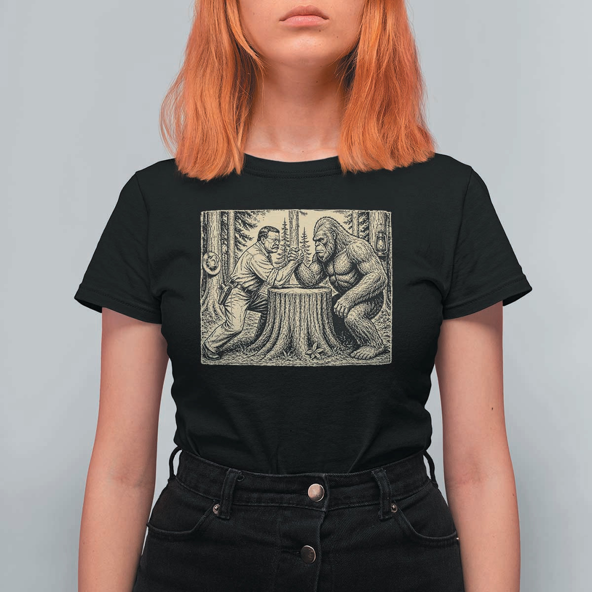 Theodore Roosevelt and Bigfoot Arm Wrestling Retro T Shirt For Women
