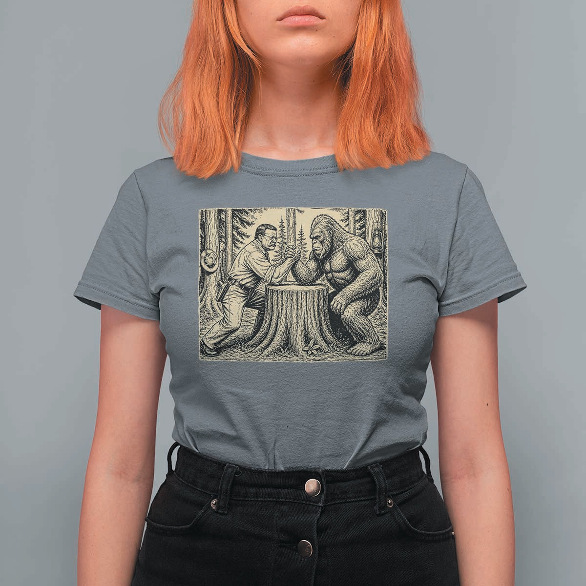 Theodore Roosevelt and Bigfoot Arm Wrestling Retro T Shirt For Women
