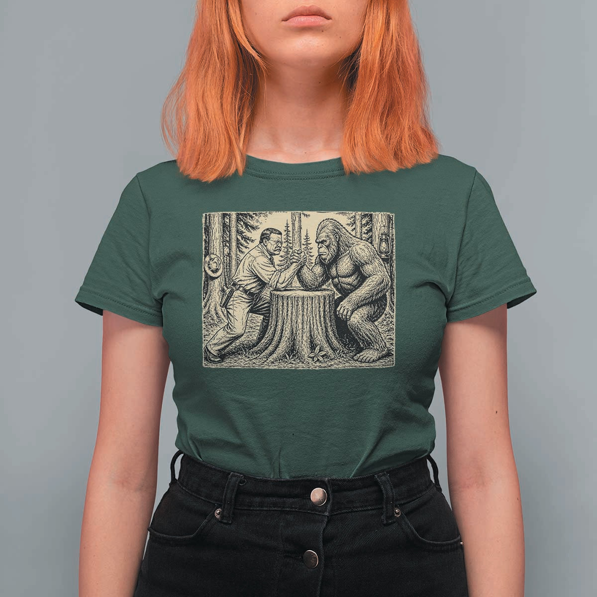 Theodore Roosevelt and Bigfoot Arm Wrestling Retro T Shirt For Women