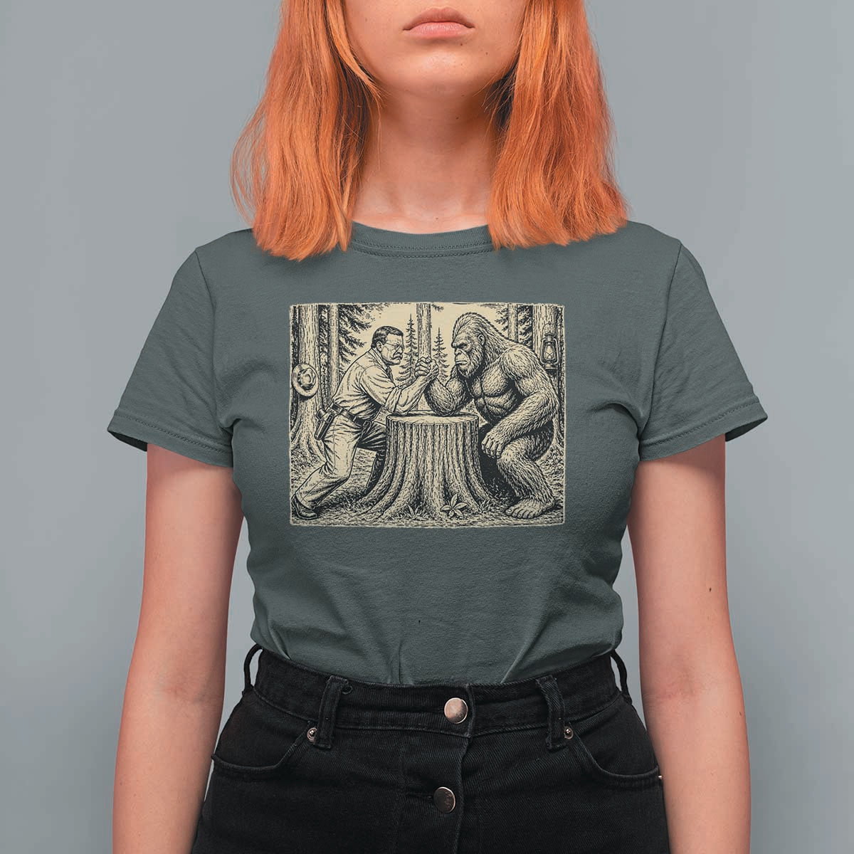 Theodore Roosevelt and Bigfoot Arm Wrestling Retro T Shirt For Women