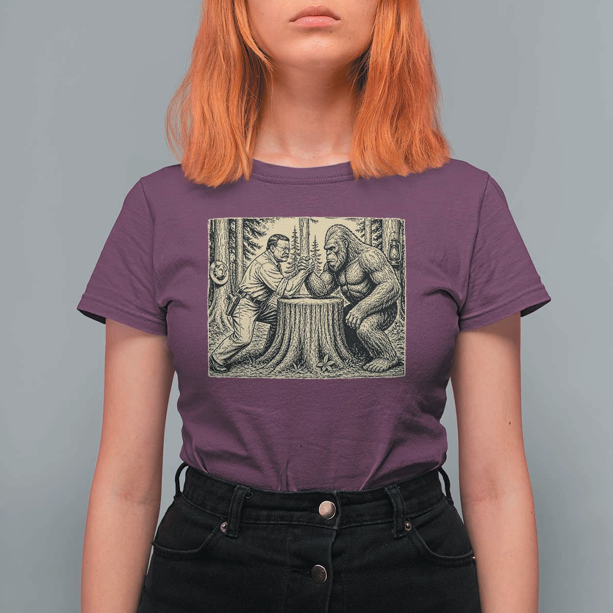 Theodore Roosevelt and Bigfoot Arm Wrestling Retro T Shirt For Women