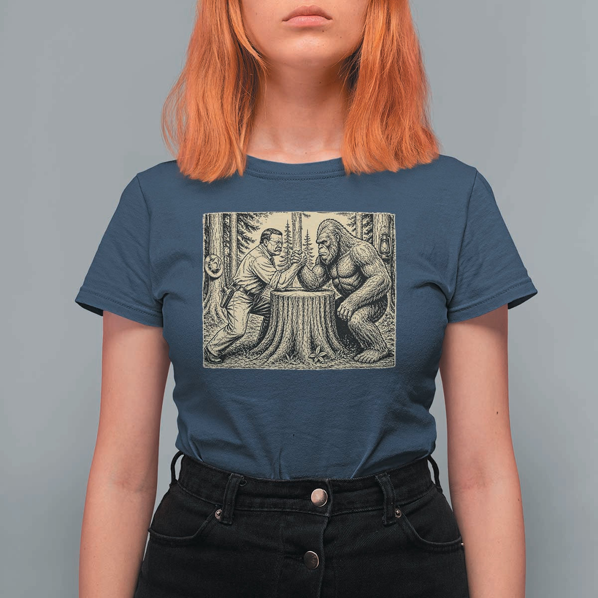 Theodore Roosevelt and Bigfoot Arm Wrestling Retro T Shirt For Women