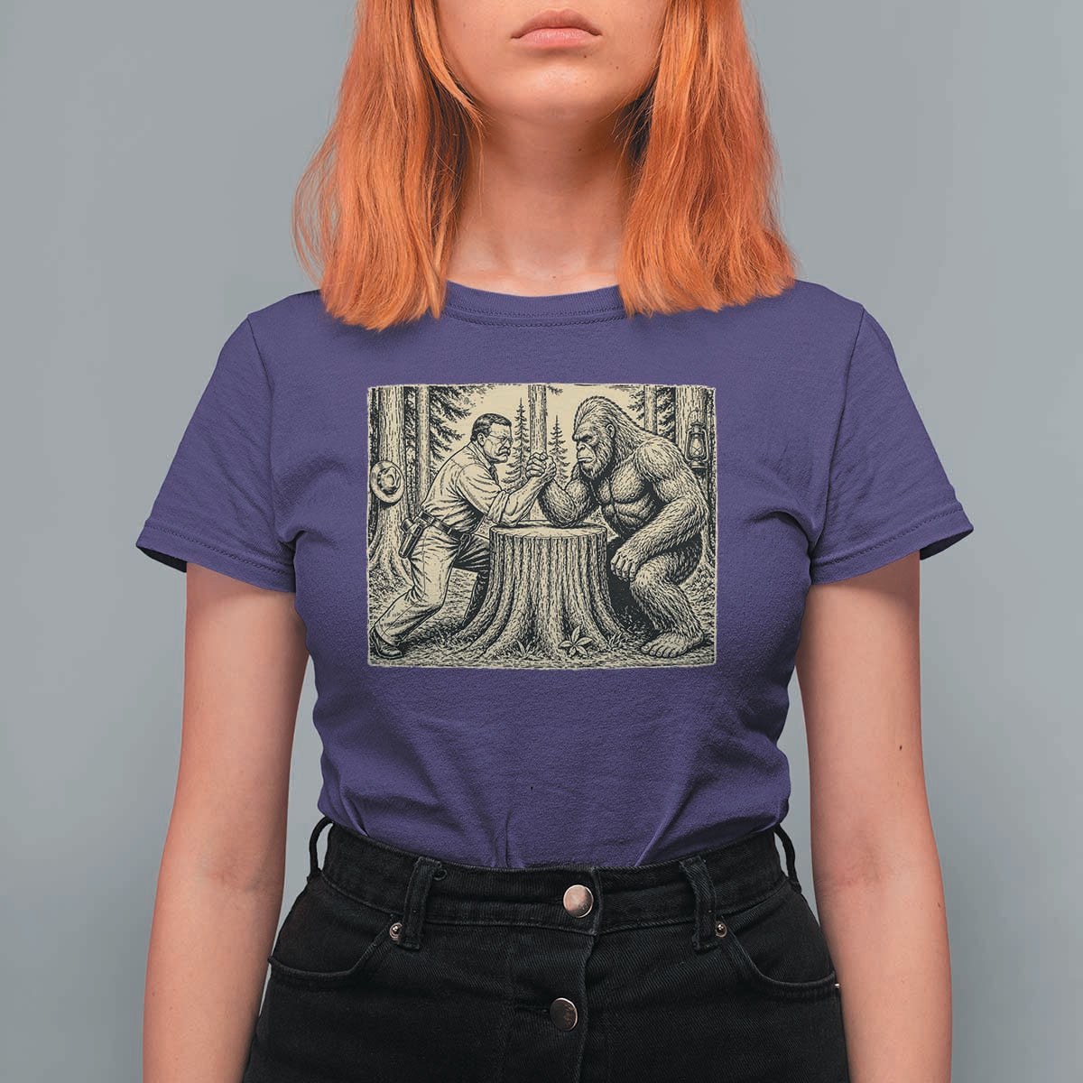 Theodore Roosevelt and Bigfoot Arm Wrestling Retro T Shirt For Women