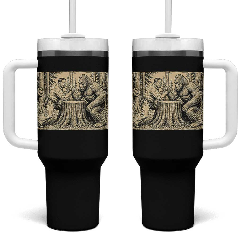 Theodore Roosevelt and Bigfoot Arm Wrestling Retro Tumbler With Handle