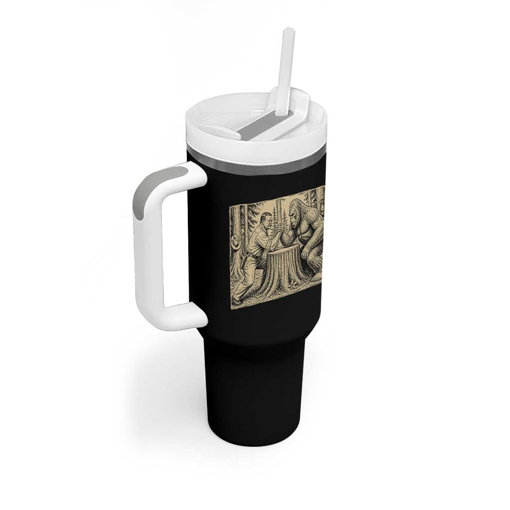 Theodore Roosevelt and Bigfoot Arm Wrestling Retro Tumbler With Handle