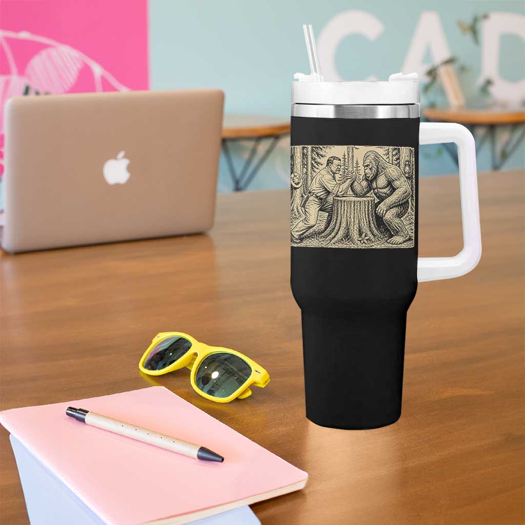 Theodore Roosevelt and Bigfoot Arm Wrestling Retro Tumbler With Handle
