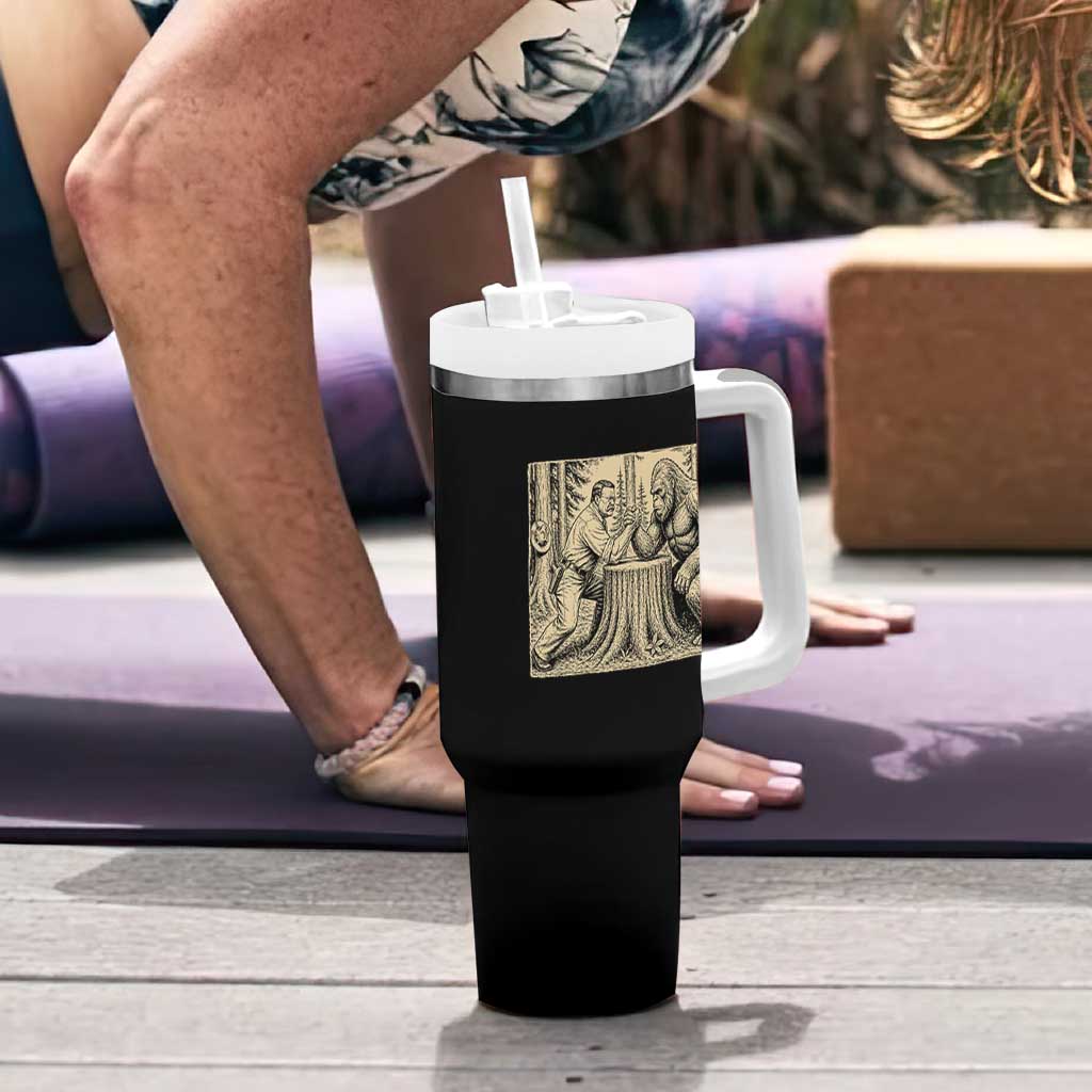 Theodore Roosevelt and Bigfoot Arm Wrestling Retro Tumbler With Handle