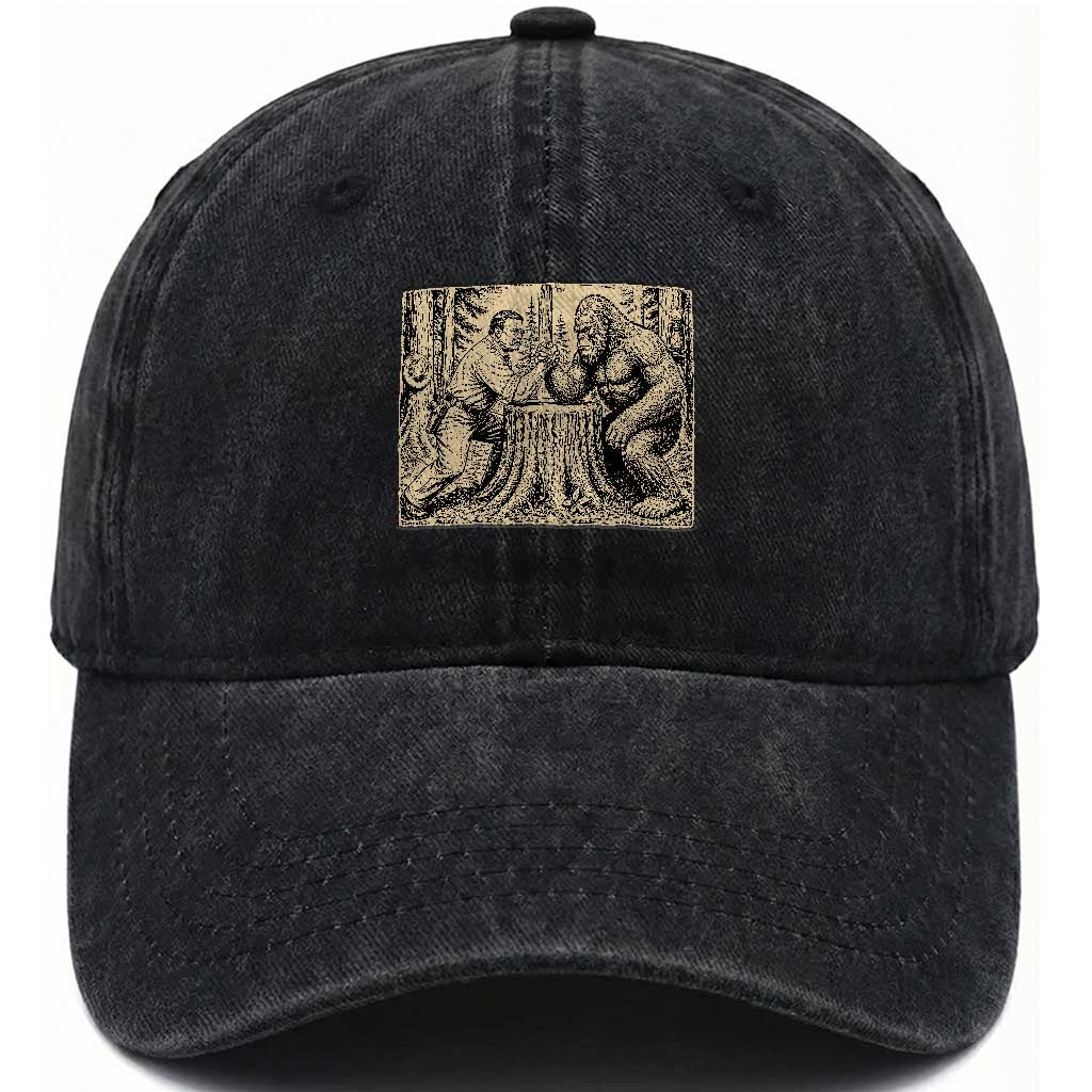Theodore Roosevelt and Bigfoot Arm Wrestling Retro Washed Cotton Baseball Cap