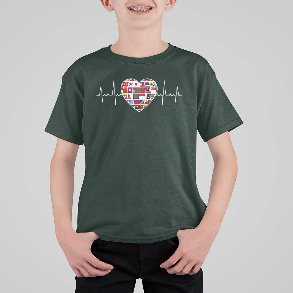 AAPI Heritage Month Heartbeat Heart Asian American and Pacific Islander Countries Flag T Shirt For Kid