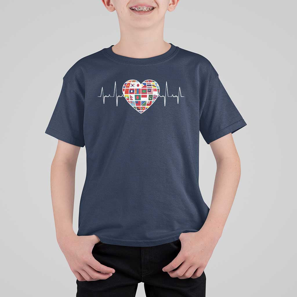AAPI Heritage Month Heartbeat Heart Asian American and Pacific Islander Countries Flag T Shirt For Kid