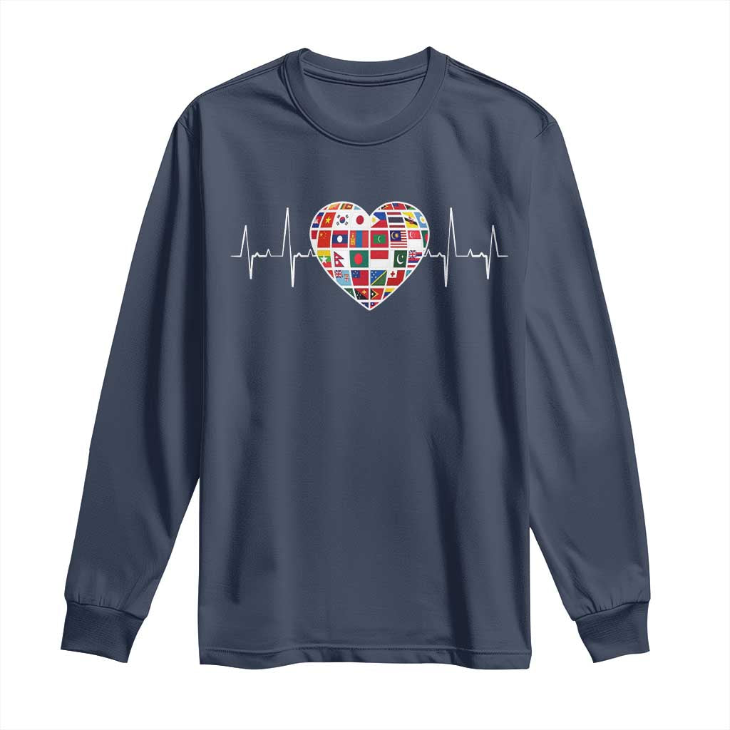 AAPI Heritage Month Heartbeat Heart Asian American and Pacific Islander Countries Flag Long Sleeve Shirt