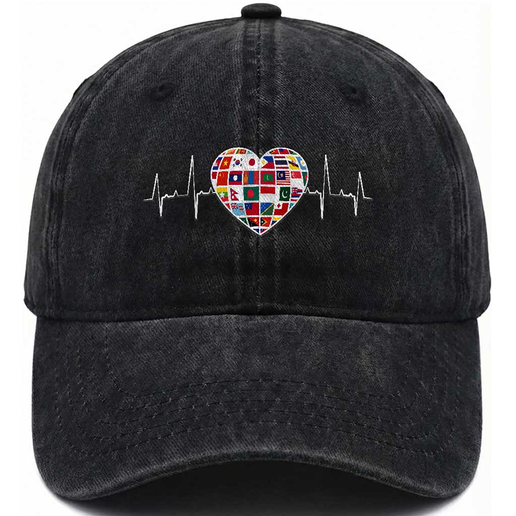 AAPI Heritage Month Heartbeat Heart Asian American and Pacific Islander Countries Flag Washed Cotton Baseball Cap