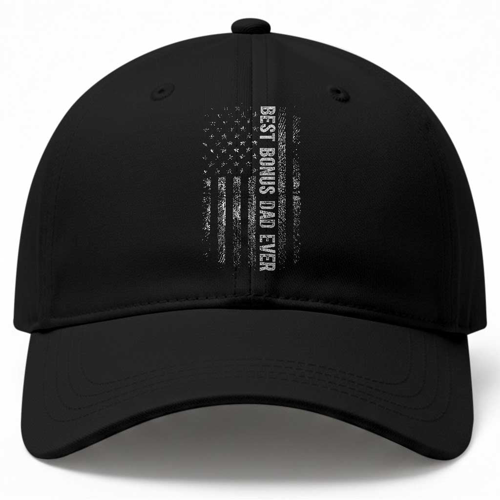 Funny Best Bonus Dad Ever Baseball Cap Fathers Day American Flag