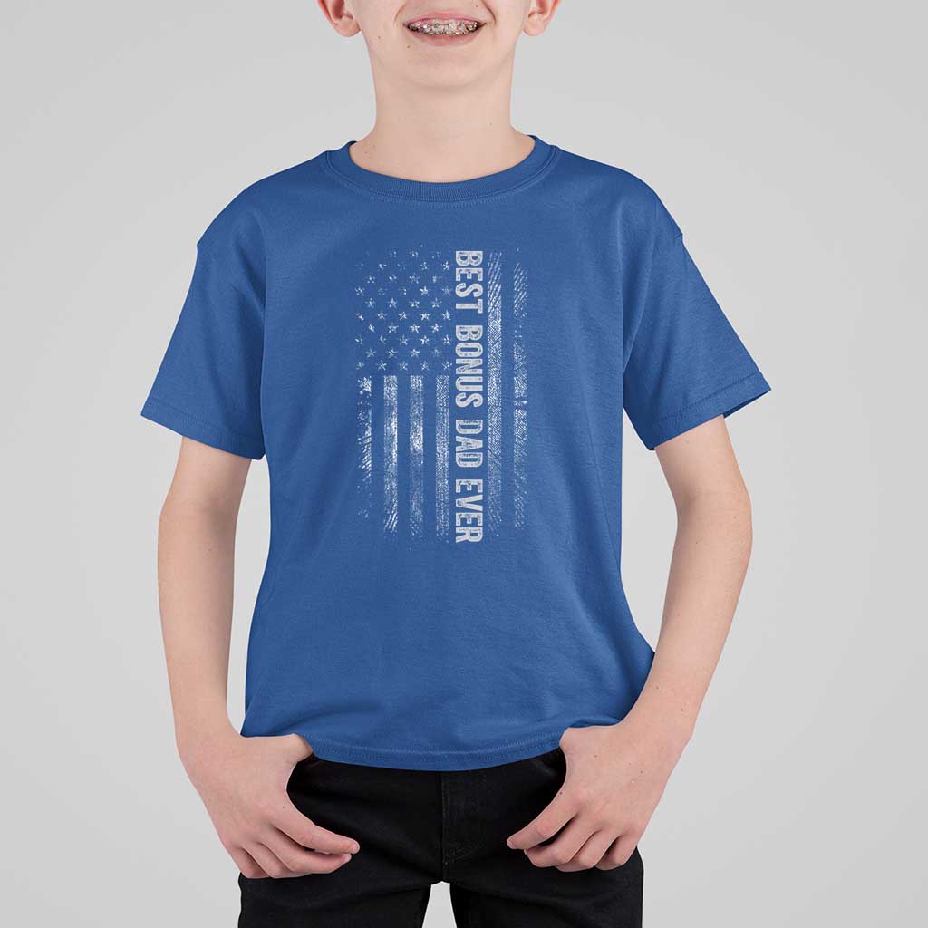 Funny Best Bonus Dad Ever T Shirt For Kid Fathers Day American Flag