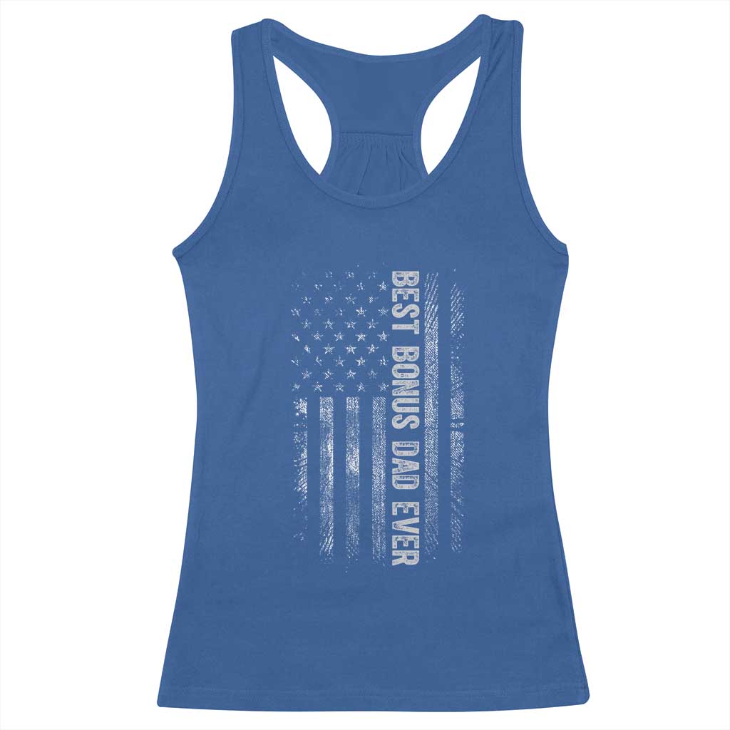 Funny Best Bonus Dad Ever Racerback Tank Top Fathers Day American Flag