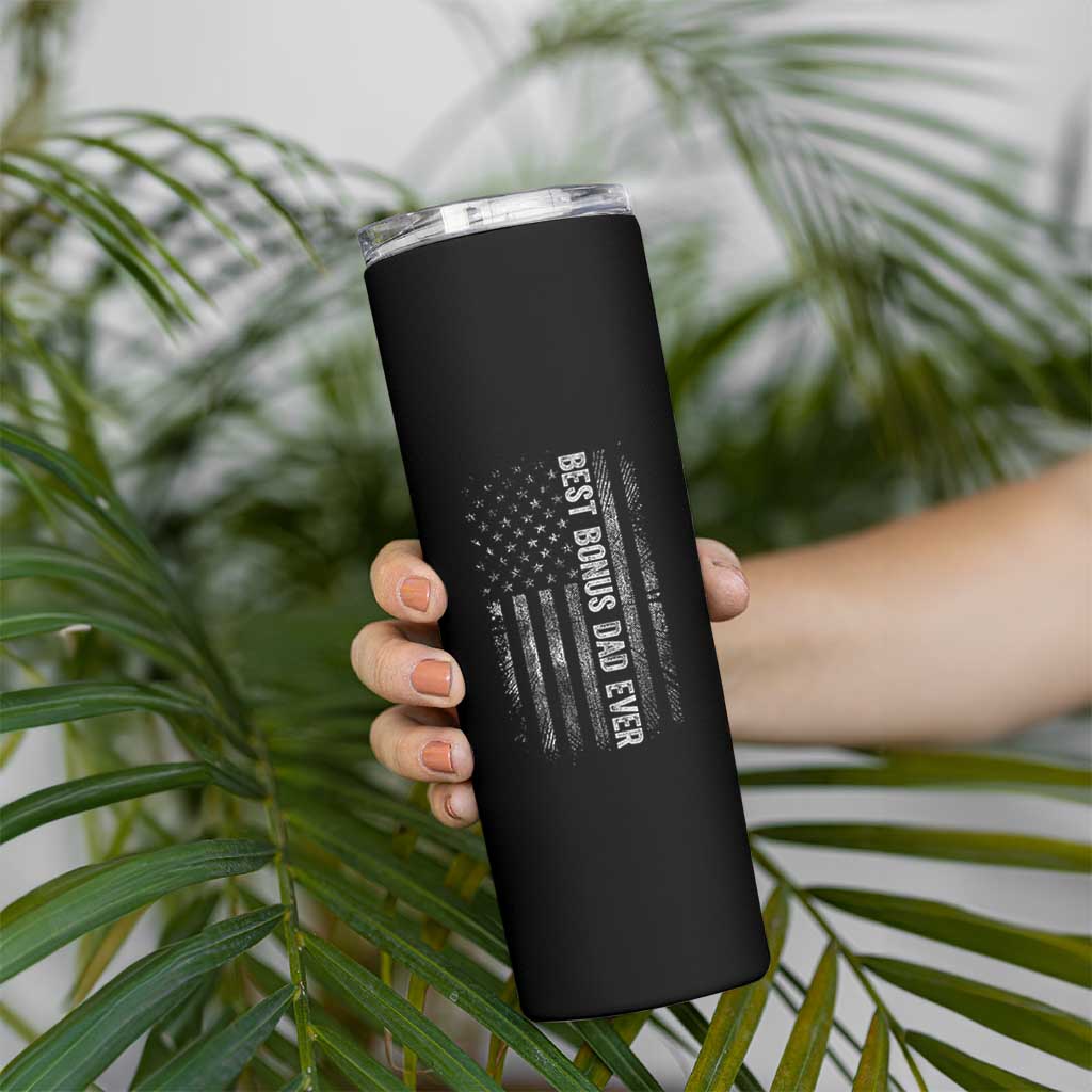 Funny Best Bonus Dad Ever Skinny Tumbler Fathers Day American Flag