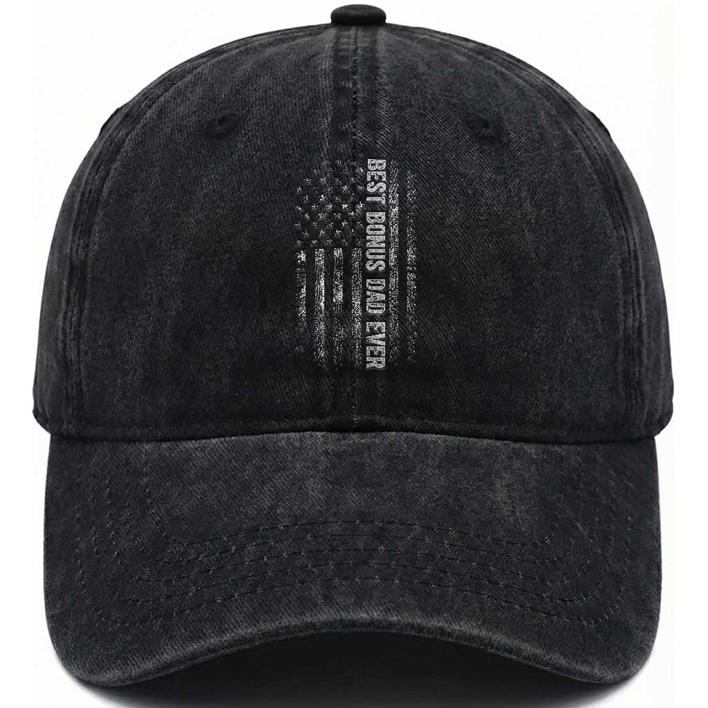 Funny Best Bonus Dad Ever Washed Cotton Baseball Cap Fathers Day American Flag