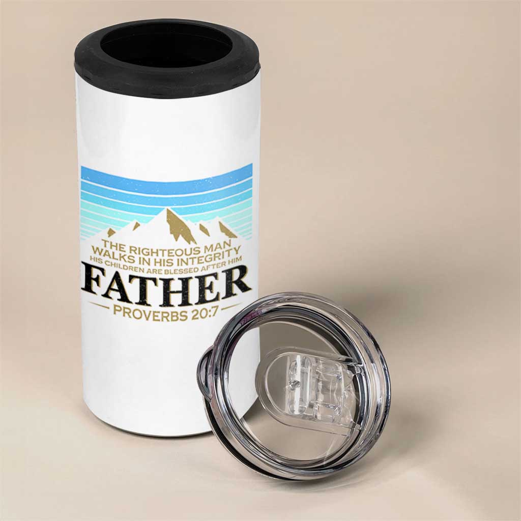 Funny Christian Father 4 in 1 Can Cooler Tumbler The Righteous Man Walks In His Integrity Fathers Day