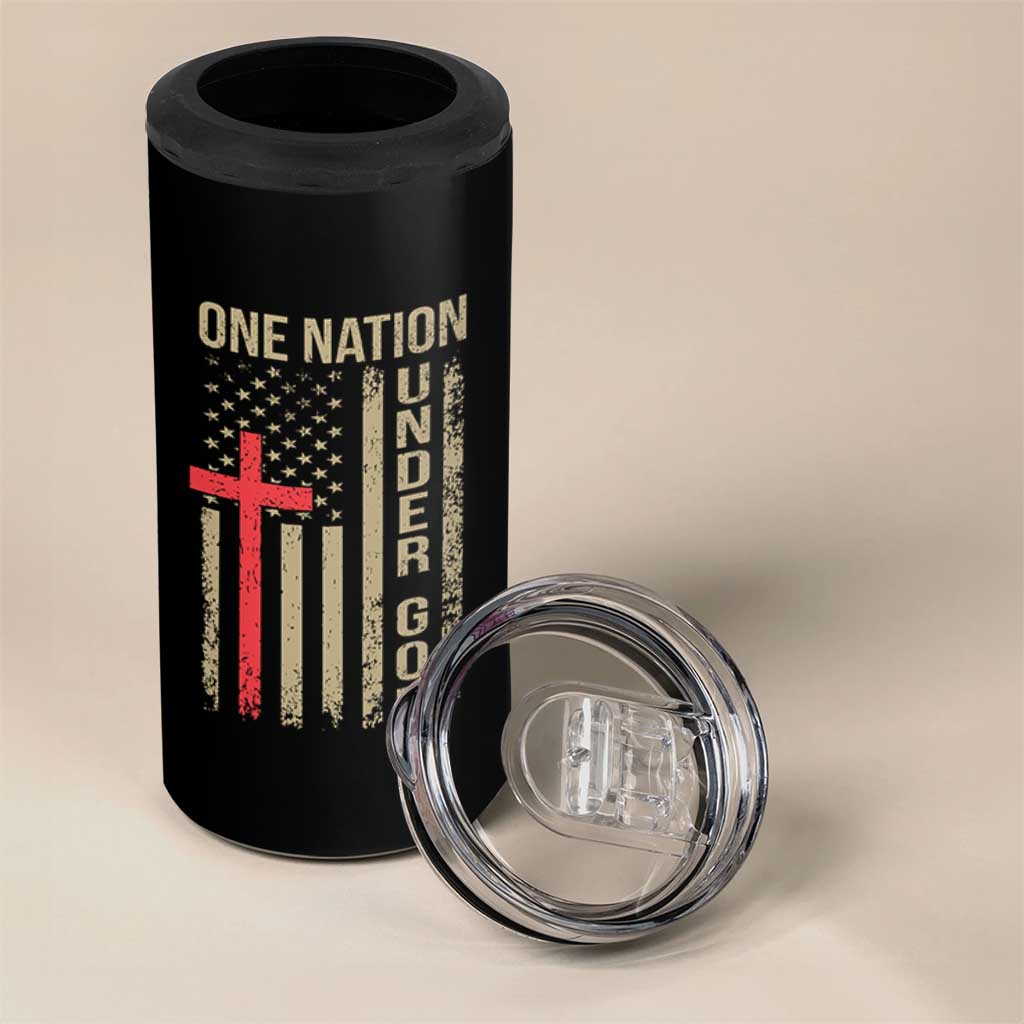 Funny One Nation Under God 4 in 1 Can Cooler Tumbler 4th Of July Patriotic Christian American Flag - Wonder Print Shop