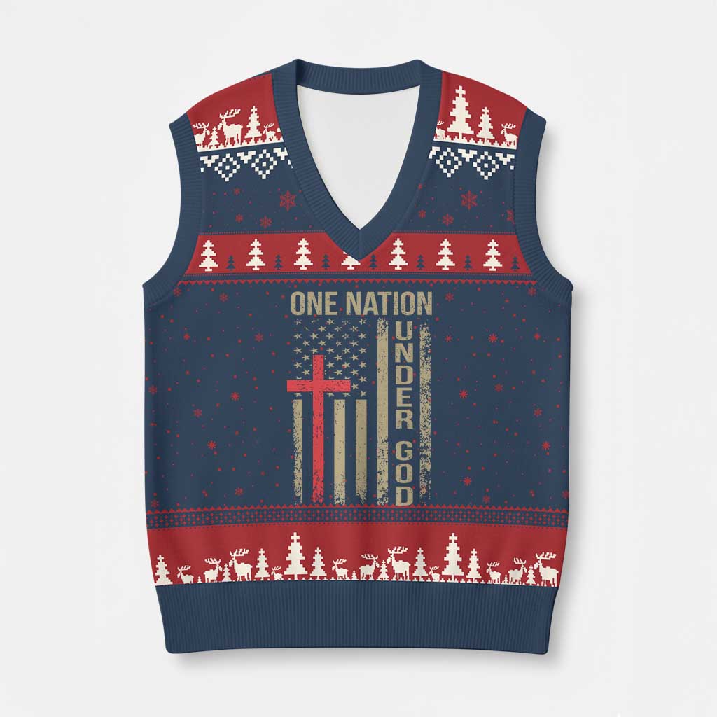 Funny One Nation Under God V-Neck Knit Sweater Vest 4th Of July Patriotic Christian American Flag - Wonder Print Shop
