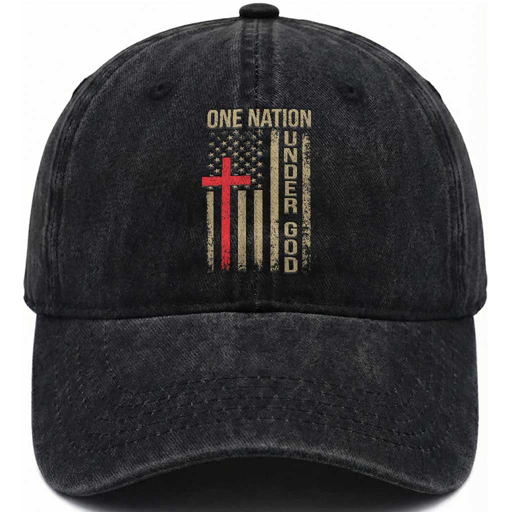 Funny One Nation Under God Washed Cotton Baseball Cap 4th Of July Patriotic Christian American Flag