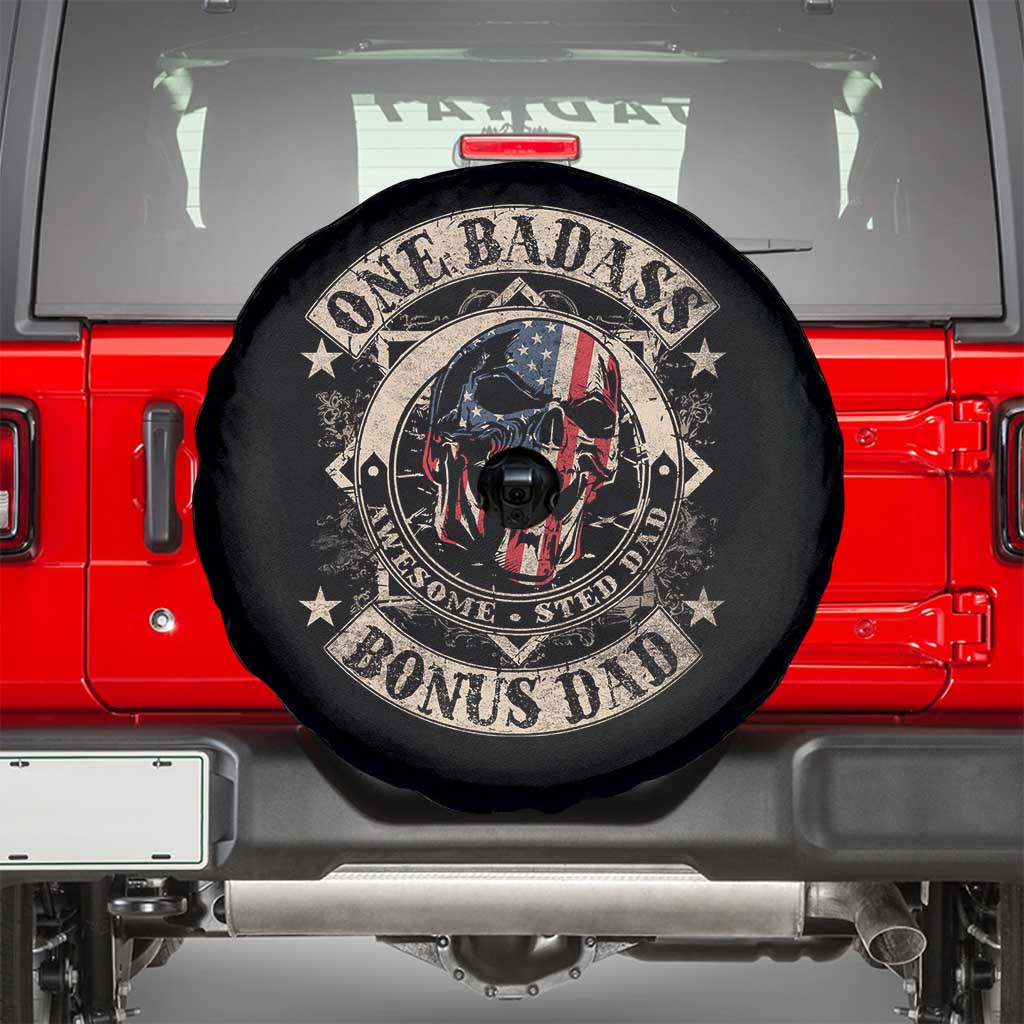 Funny One Badass Bonus Dad Spare Tire Cover Awesome Step Dad Fathers Day American Flag Skull
