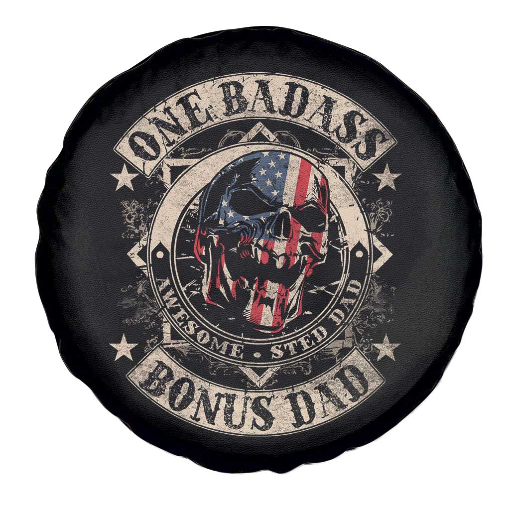 Funny One Badass Bonus Dad Spare Tire Cover Awesome Step Dad Fathers Day American Flag Skull