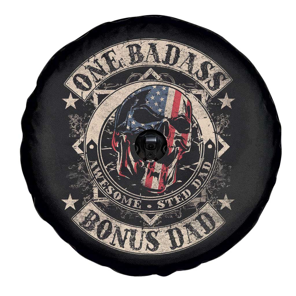 Funny One Badass Bonus Dad Spare Tire Cover Awesome Step Dad Fathers Day American Flag Skull