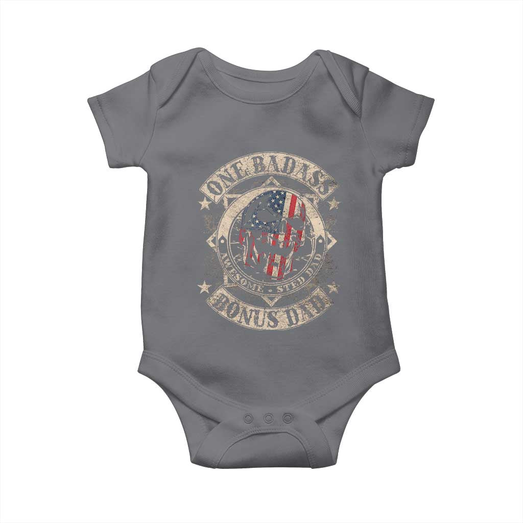 Funny One Badass Bonus Dad Baby Onesie Awesome Step Dad Fathers Day American Flag Skull