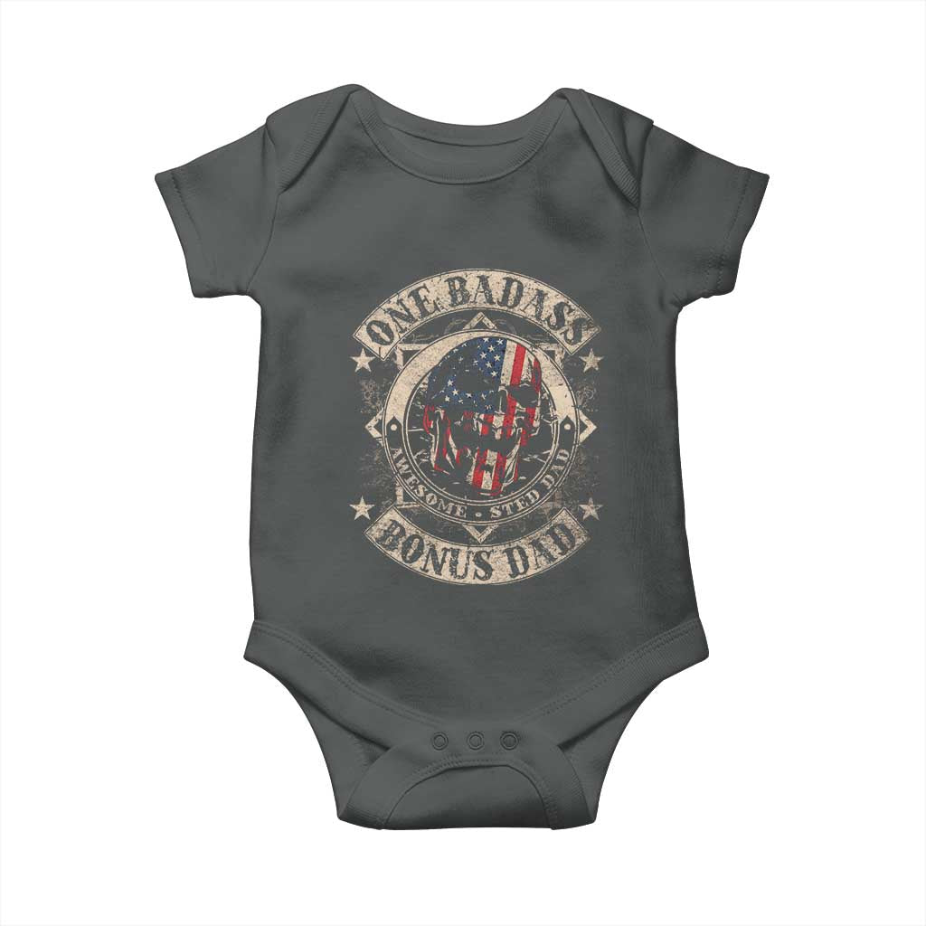 Funny One Badass Bonus Dad Baby Onesie Awesome Step Dad Fathers Day American Flag Skull