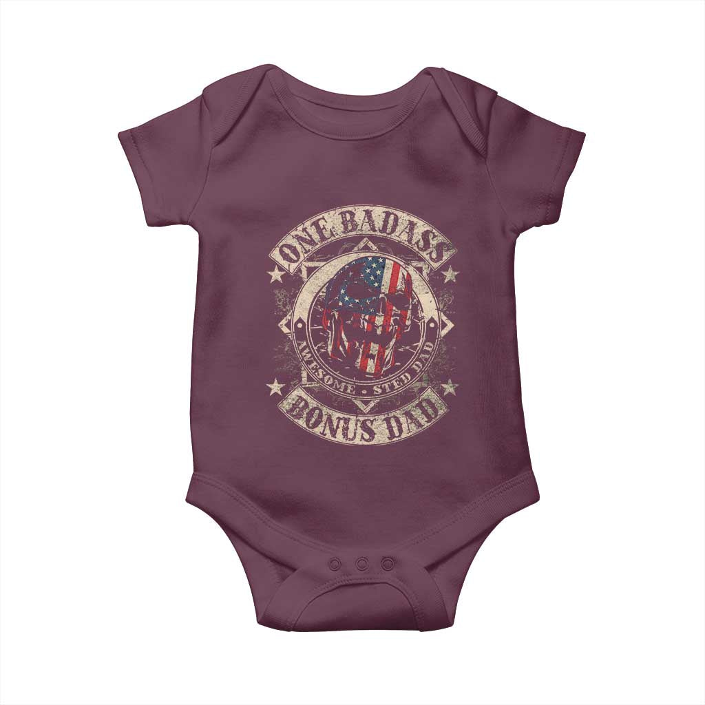 Funny One Badass Bonus Dad Baby Onesie Awesome Step Dad Fathers Day American Flag Skull