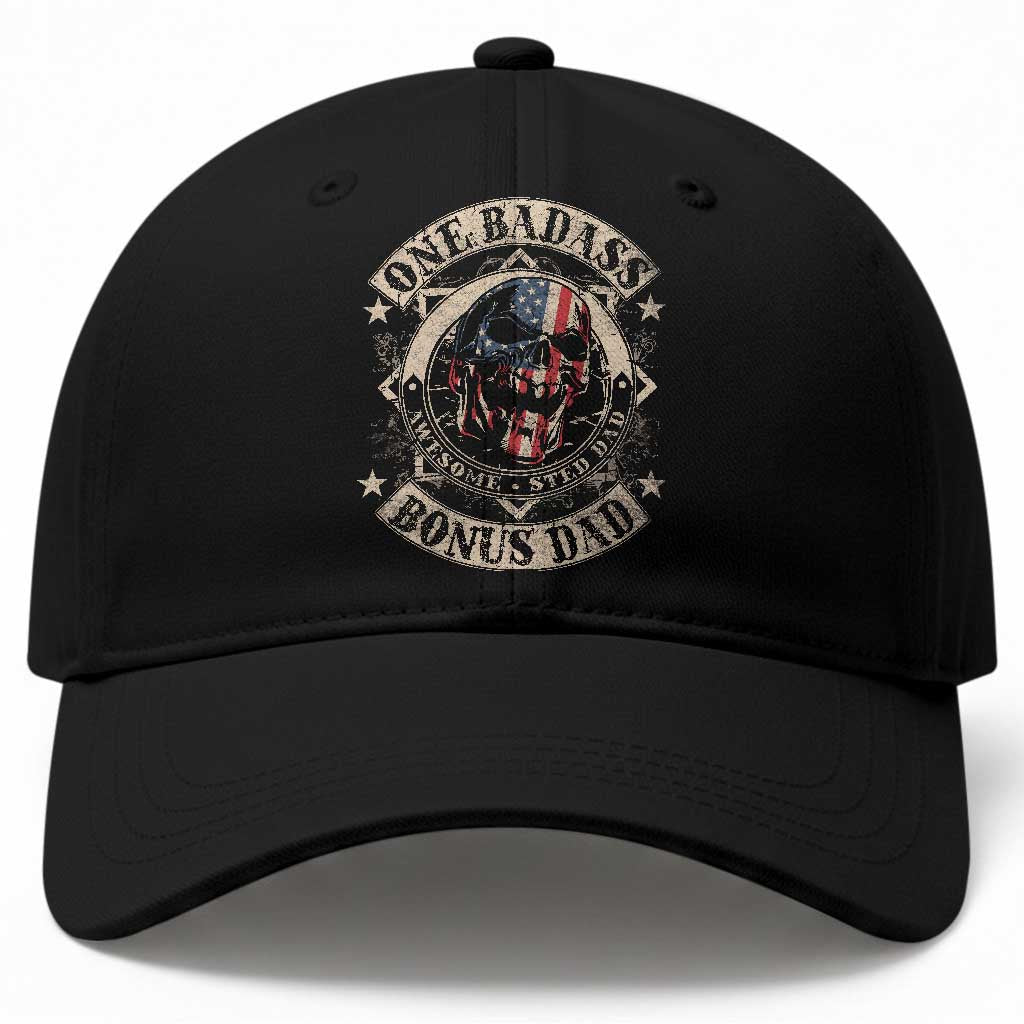 Funny One Badass Bonus Dad Baseball Cap Awesome Step Dad Fathers Day American Flag Skull