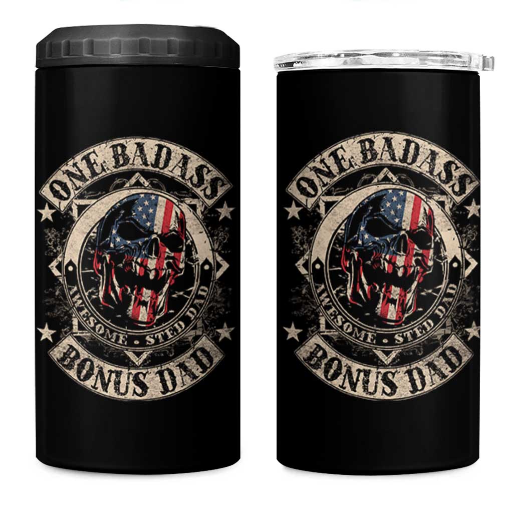 Funny One Badass Bonus Dad 4 in 1 Can Cooler Tumbler Awesome Step Dad Fathers Day American Flag Skull