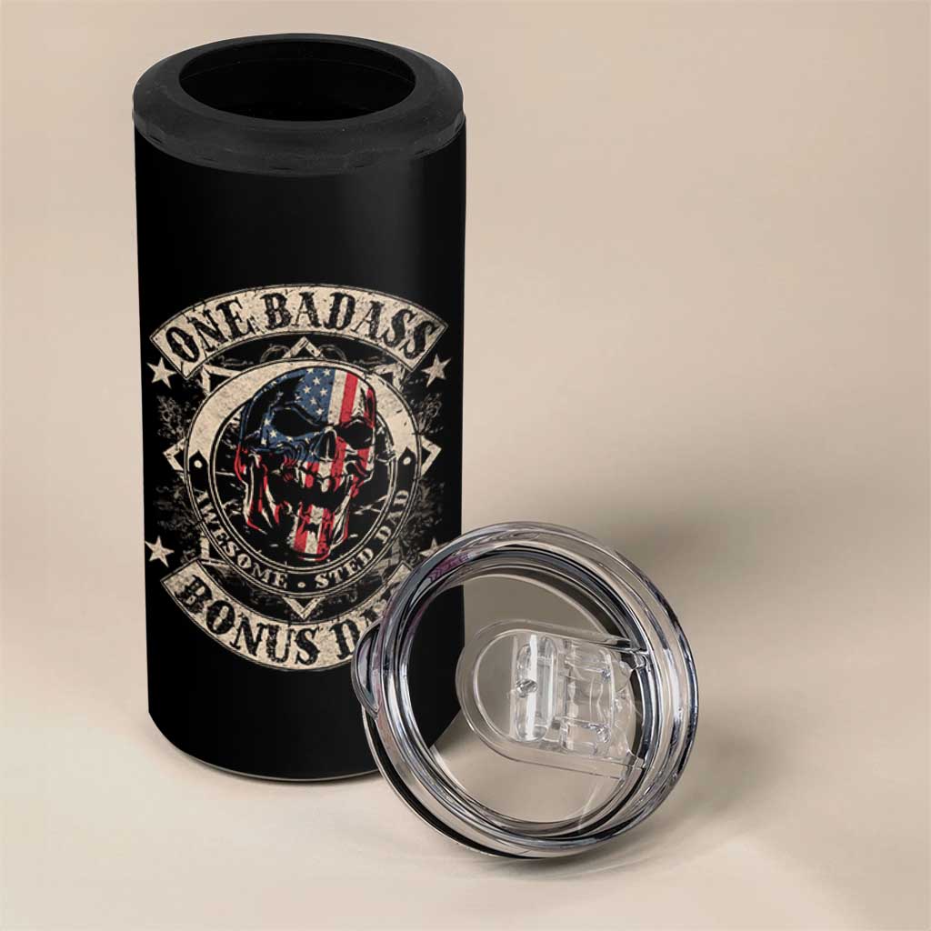 Funny One Badass Bonus Dad 4 in 1 Can Cooler Tumbler Awesome Step Dad Fathers Day American Flag Skull