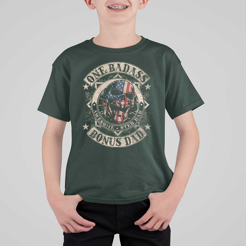 Funny One Badass Bonus Dad T Shirt For Kid Awesome Step Dad Fathers Day American Flag Skull