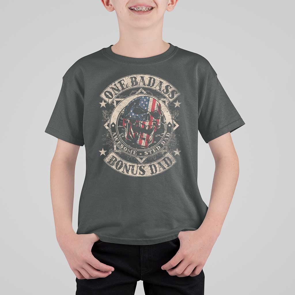Funny One Badass Bonus Dad T Shirt For Kid Awesome Step Dad Fathers Day American Flag Skull