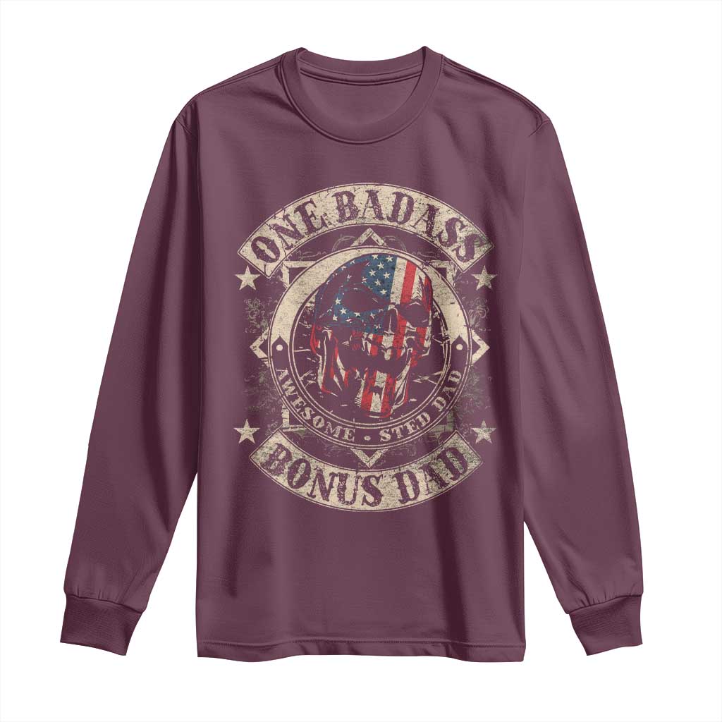Funny One Badass Bonus Dad Long Sleeve Shirt Awesome Step Dad Fathers Day American Flag Skull