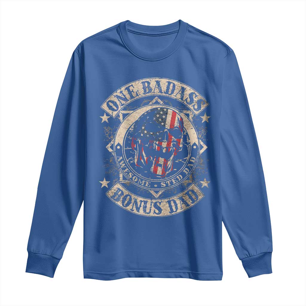 Funny One Badass Bonus Dad Long Sleeve Shirt Awesome Step Dad Fathers Day American Flag Skull