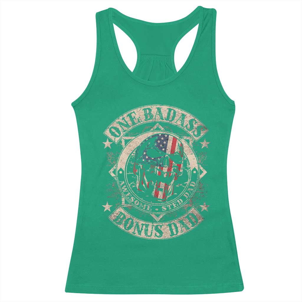 Funny One Badass Bonus Dad Racerback Tank Top Awesome Step Dad Fathers Day American Flag Skull