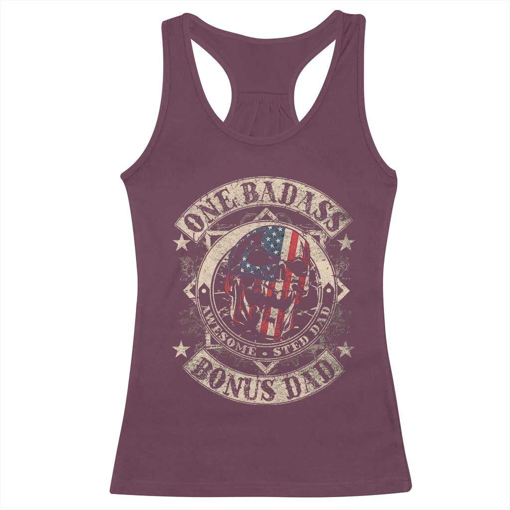 Funny One Badass Bonus Dad Racerback Tank Top Awesome Step Dad Fathers Day American Flag Skull