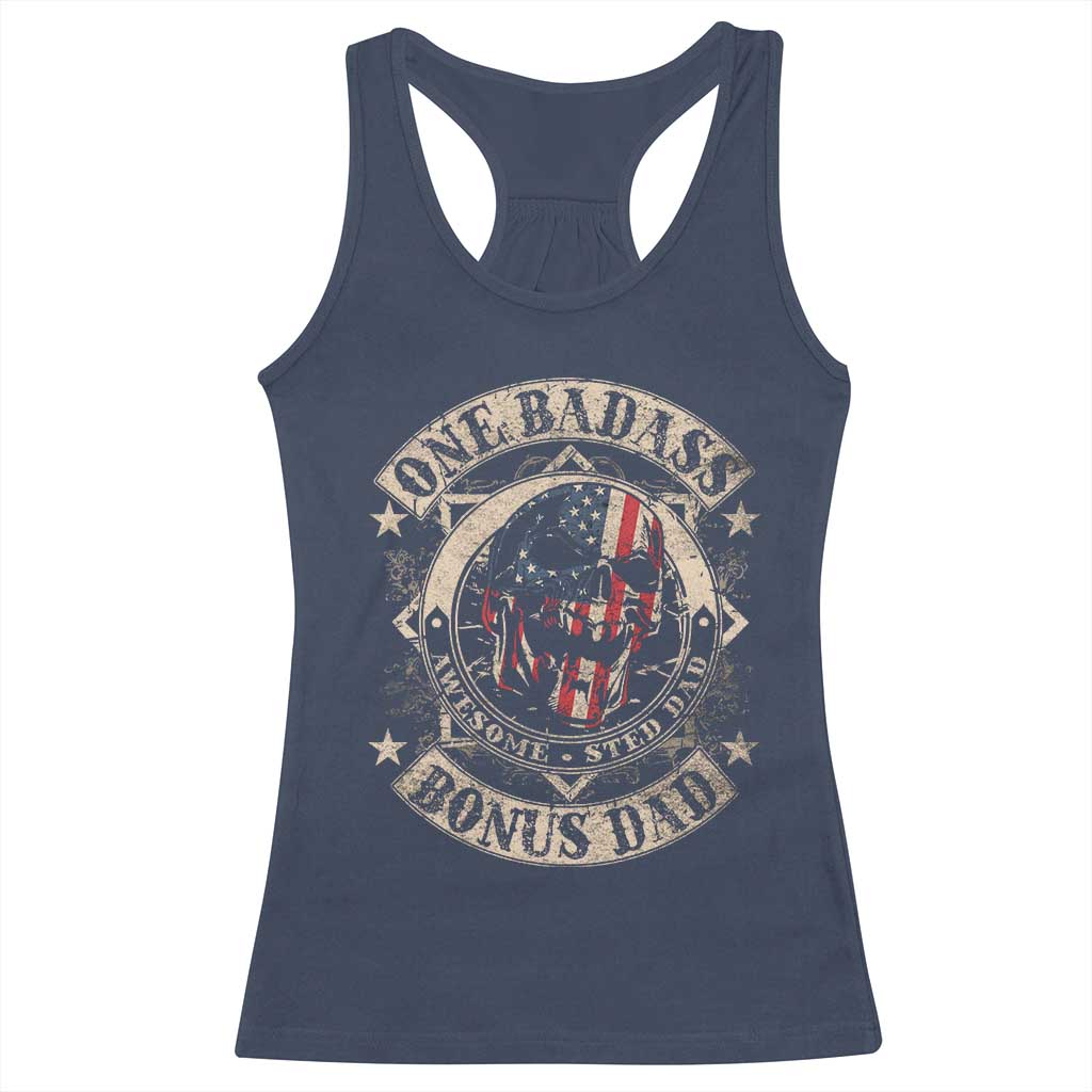 Funny One Badass Bonus Dad Racerback Tank Top Awesome Step Dad Fathers Day American Flag Skull
