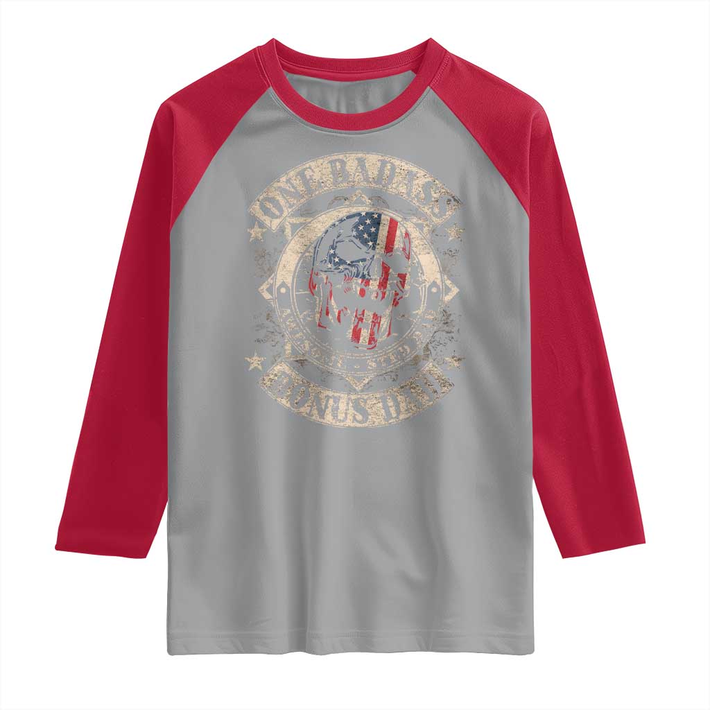 Funny One Badass Bonus Dad Raglan Shirt Awesome Step Dad Fathers Day American Flag Skull